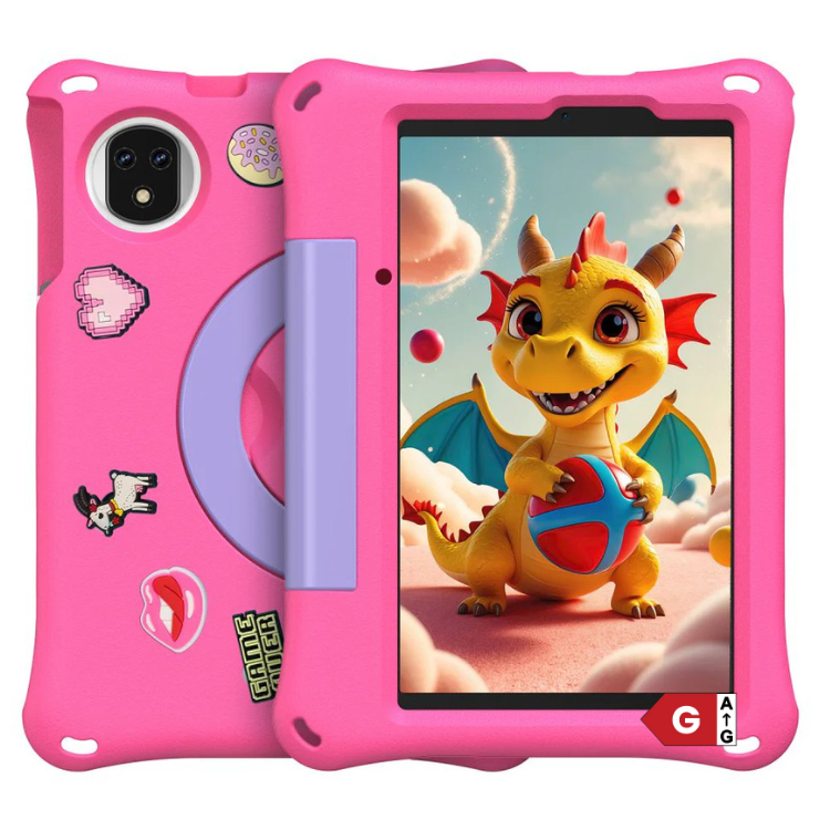 Tablet Ulefone Tab A9 Pro Kids 4GB/128GB Wi-Fi Rosa com capa de proteção e imagem de um dragão na tela.