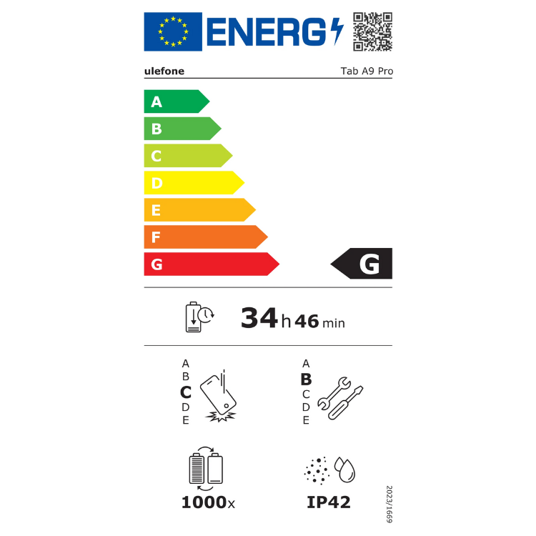 Etiqueta energética Ulefone Tab A9 Pro cor rosa.