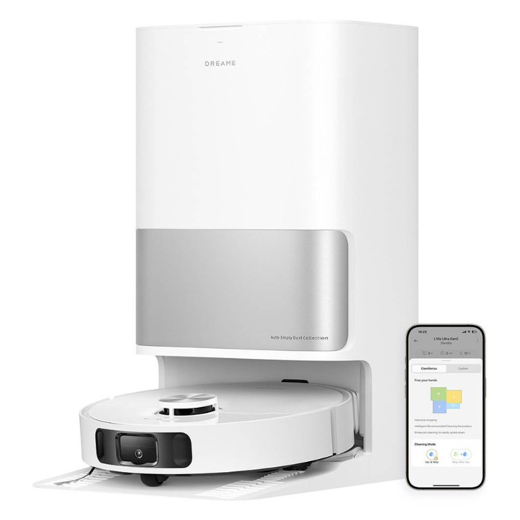 White Dreame L10s Ultra Gen 2 robot vacuum with charging base and smartphone displaying app.