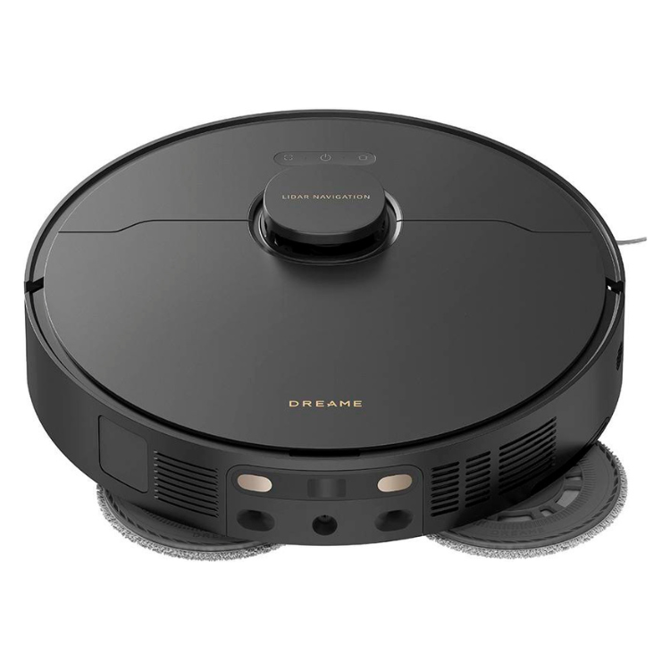 Black Dreame robot vacuum cleaner with gold accents and Lidar navigation.