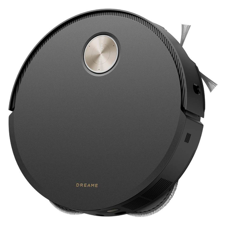 Black Dreame robot vacuum cleaner with silver accents and charging dock base.