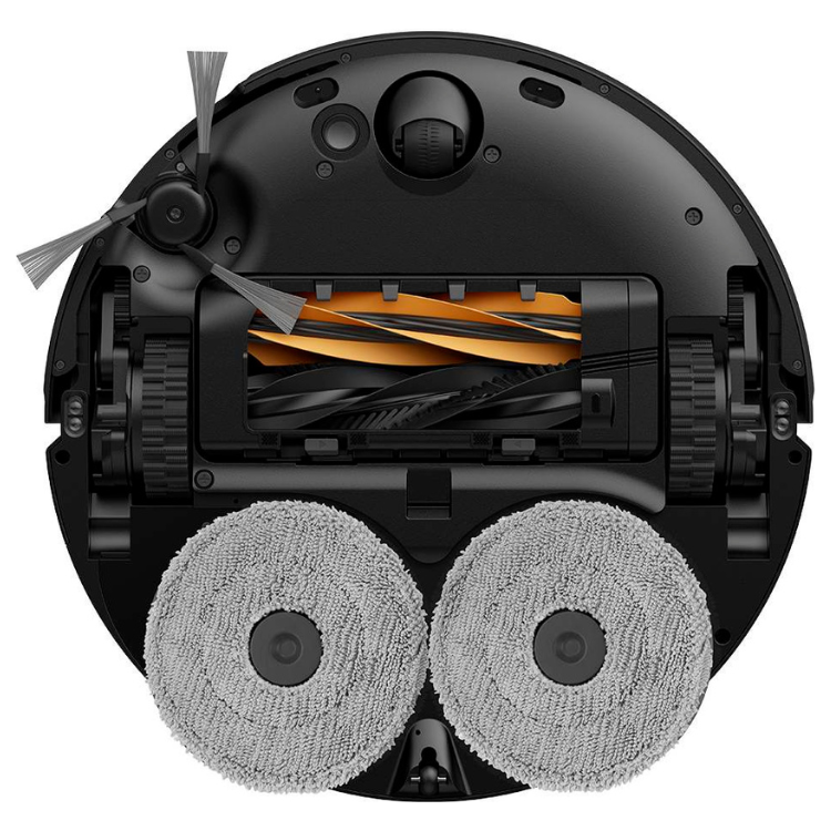 Black Dreame robot vacuum cleaner with gray mop pads and brushes.