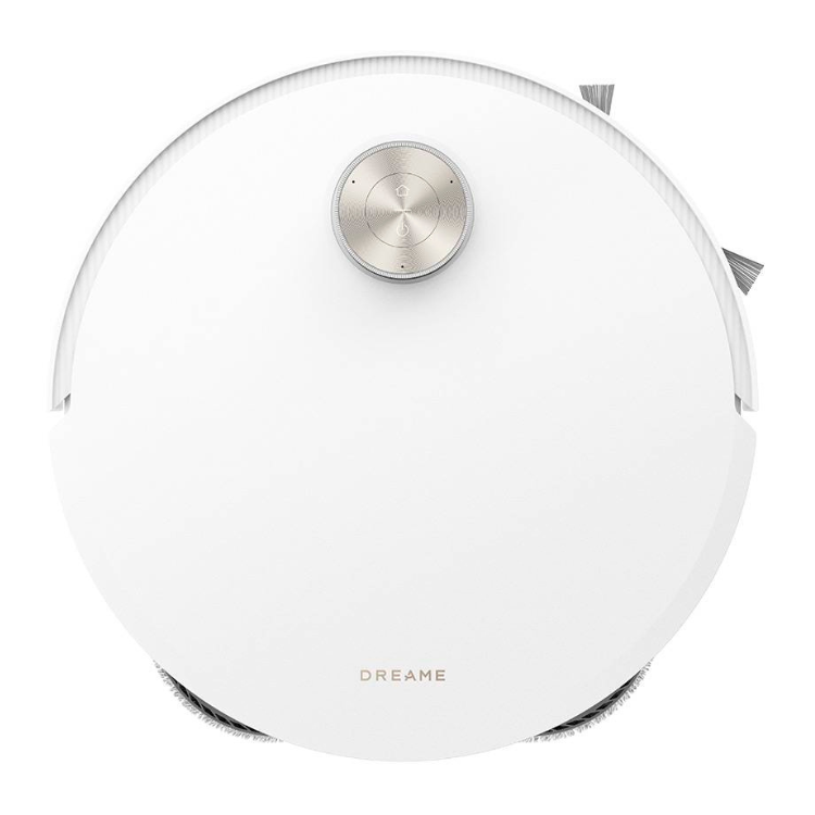 White Dreame robot vacuum cleaner with silver accents and charging base, round shape.