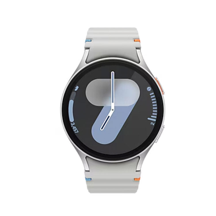 Smartwatch Samsung Galaxy Watch7 44mm LTE Prateado com pulseira branca e ecrã preto.