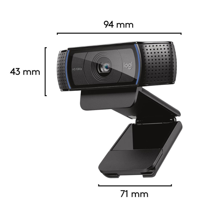 Black Logitech webcam, 1080p, with blue accents and adjustable stand.