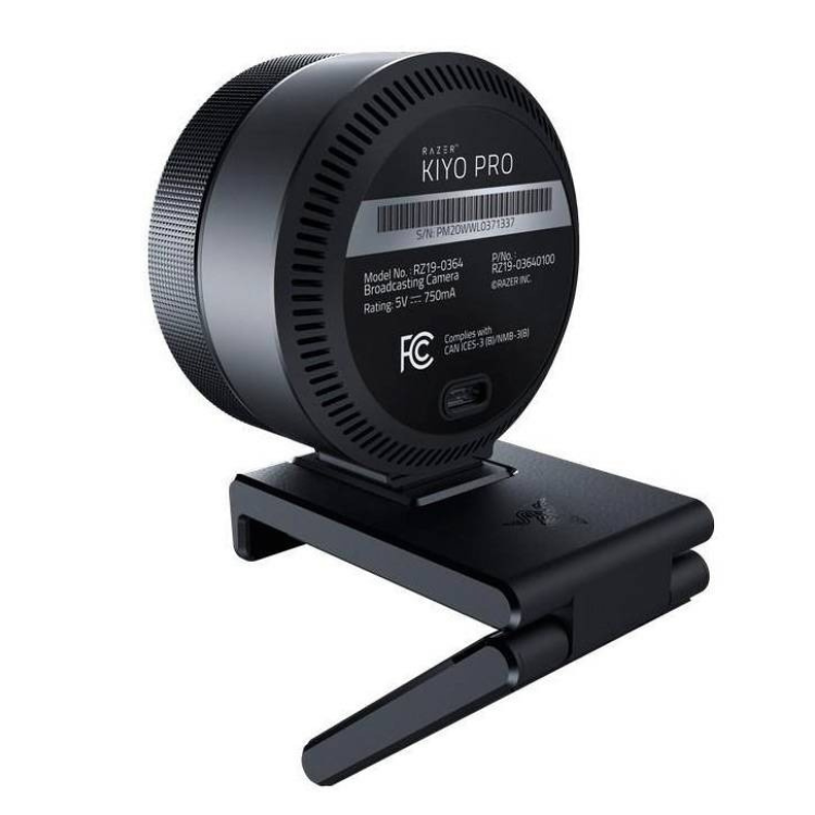 Razer Kiyo Pro webcam, black, with stand, 1080p, on white background.