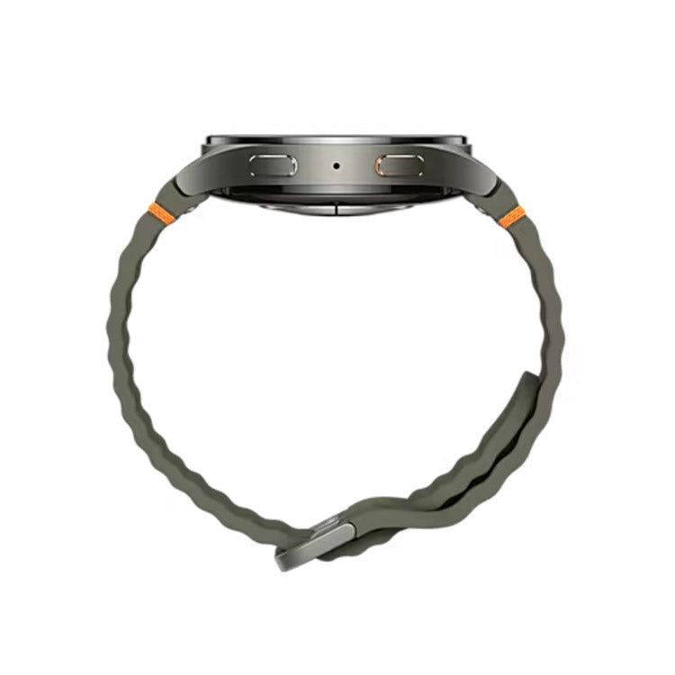 Smartwatch Samsung Galaxy Watch7 L315 44mm LTE Verde, pulseira de borracha cinza com detalhes laranja.