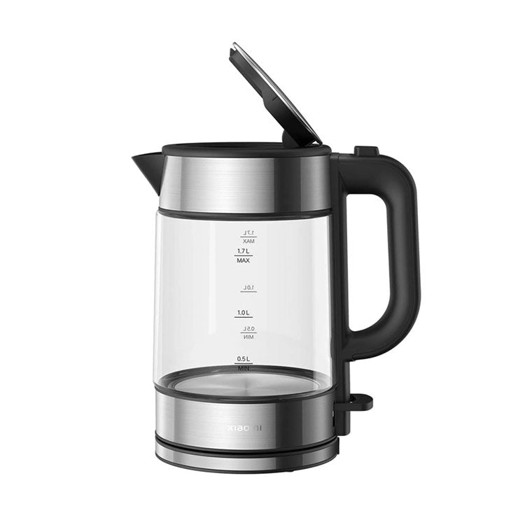 Xiaomi Mi Electric Glass Kettle, 1.7L, clear body, black handle and lid, silver accents.