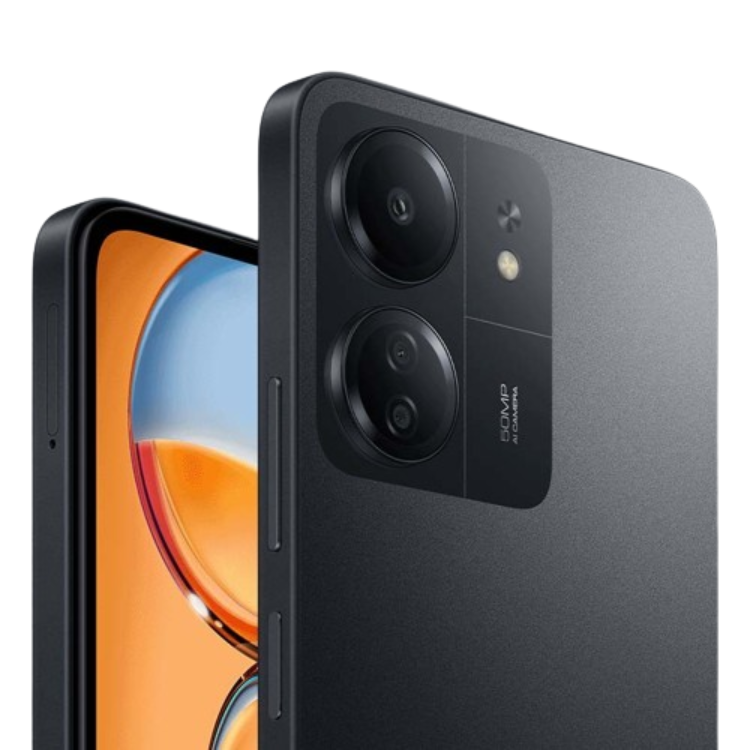 Smartphone Xiaomi Redmi 13C, preto, câmara dupla e ecrã ligado.