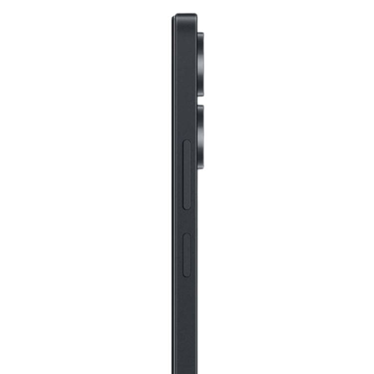 Smartphone Xiaomi Redmi 13C, preto, lado direito com botões de volume e energia.