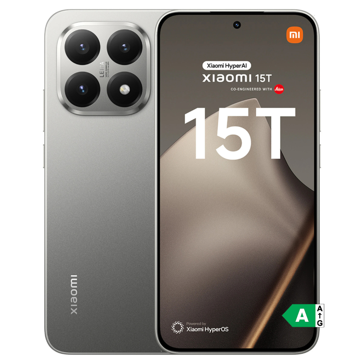 Smartphone Xiaomi 15T 5G cinzento, 12GB/512GB, câmara quádrupla e ecrã com logótipo Xiaomi e HyperOS.