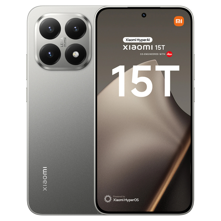 Smartphone Xiaomi 15T 5G cinzento,  câmera quádrupla, tela com logotipo Xiaomi e HyperOS.