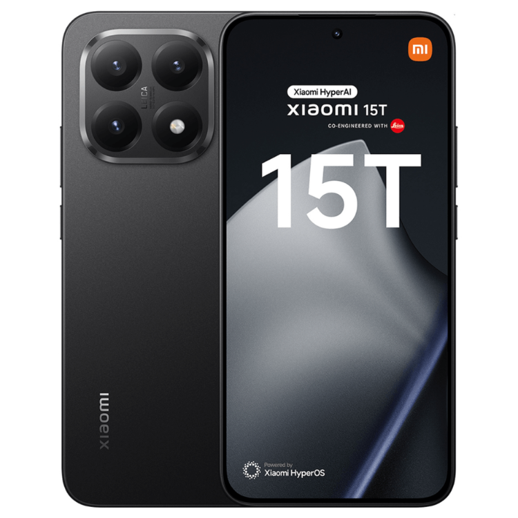 Smartphone Xiaomi 15T 5G preto, 12GB/512GB, câmara quádrupla e ecrã com logotipo Xiaomi e HyperOS.