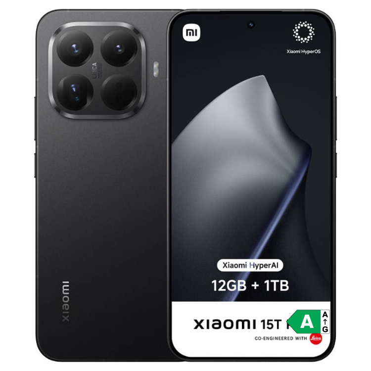 Smartphone Xiaomi 15T Pro 5G preto, 12GB/1TB, câmara quádrupla e ecrã ligado.