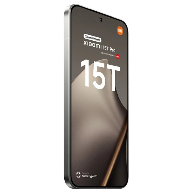 Smartphone Xiaomi 15T Pro 5G cinzento, com ecrã ligado a mostrar marca e modelo.