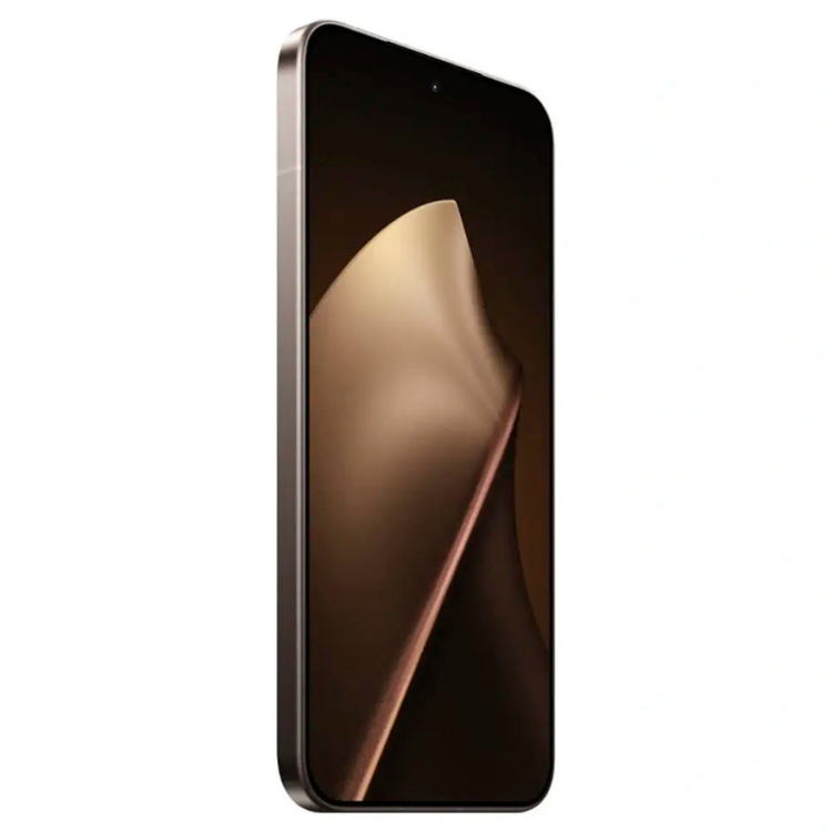 Smartphone Xiaomi 15T Pro 5G dourado com ecrã escuro e imagem de fundo em tons de castanho.