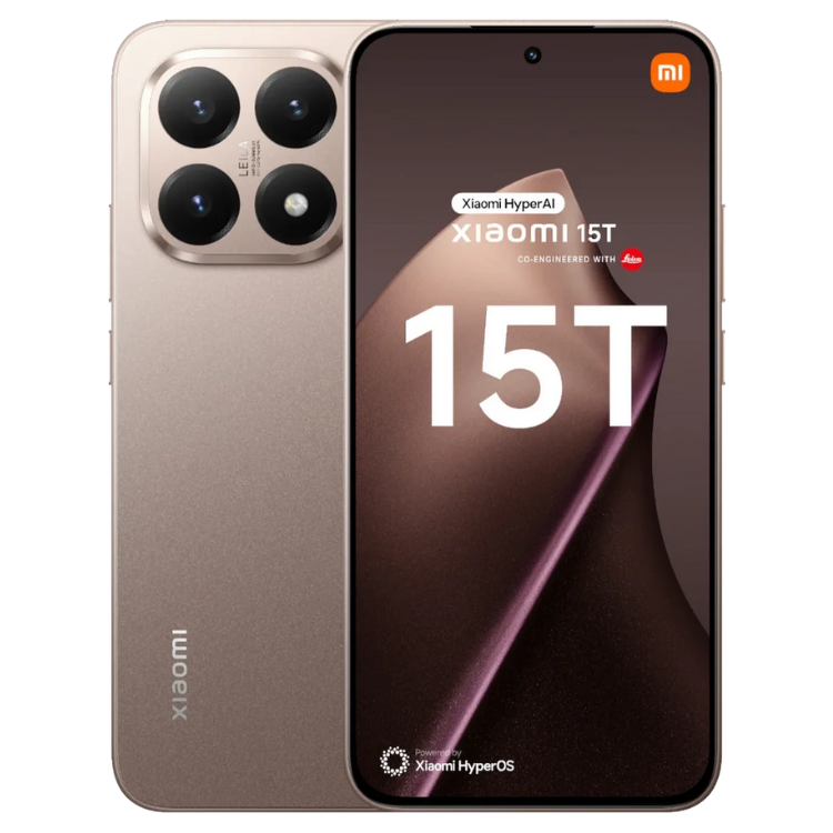 Smartphone Xiaomi 15T 5G 6.83" 12GB/256GB cor dourada, com quatro câmeras traseiras e ecrã ligado.