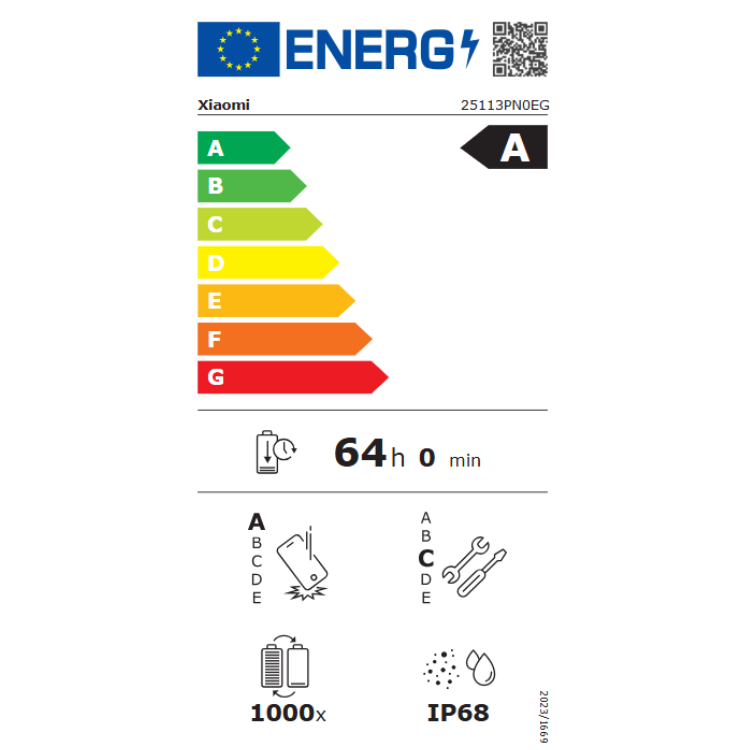 Etiqueta energética do Xiaomi, eficiência A, bateria 64h, resistência IP68.