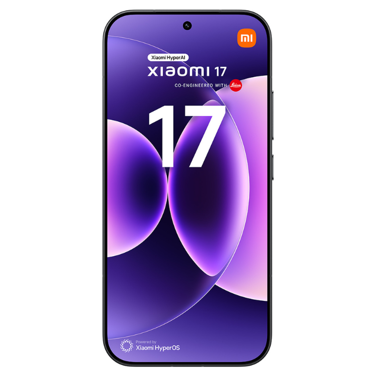 Smartphone Xiaomi 17, ecrã roxo com logótipo Xiaomi e número 17 destacado.