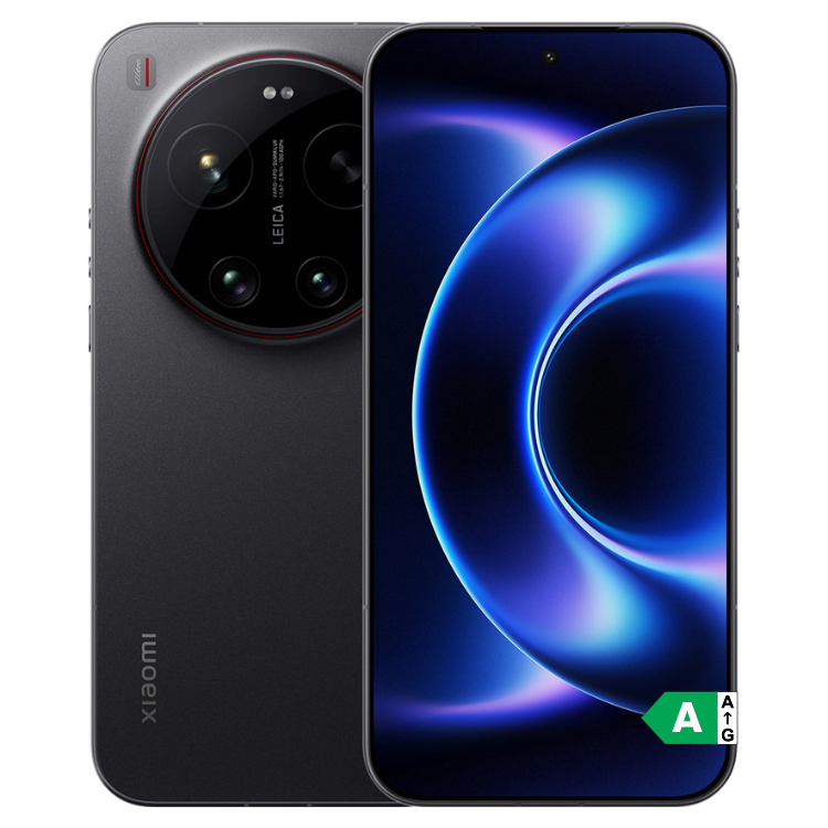 Smartphone Xiaomi 17 Ultra preto, 5G, câmara Leica tripla e ecrã com imagem azul.