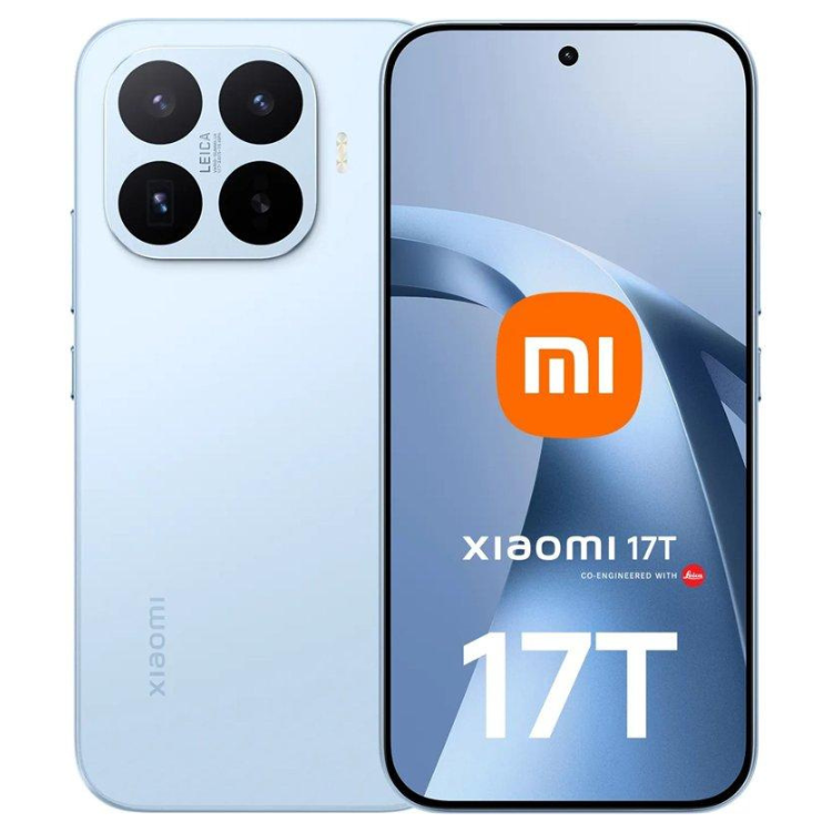 Smartphone Xiaomi 17T 5G azul, com quatro câmeras traseiras e ecrã com logótipo Mi e texto Xiaomi 17T.