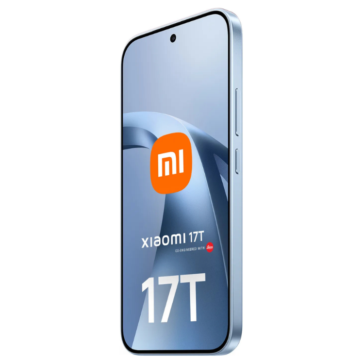 Smartphone Xiaomi 17T azul com logotipo MI e detalhes do produto na tela.