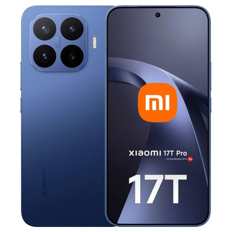 Smartphone Xiaomi 17T Pro 5G azul, 12GB/1TB, Dual Sim, com quatro câmeras traseiras e tela com logotipo Mi.