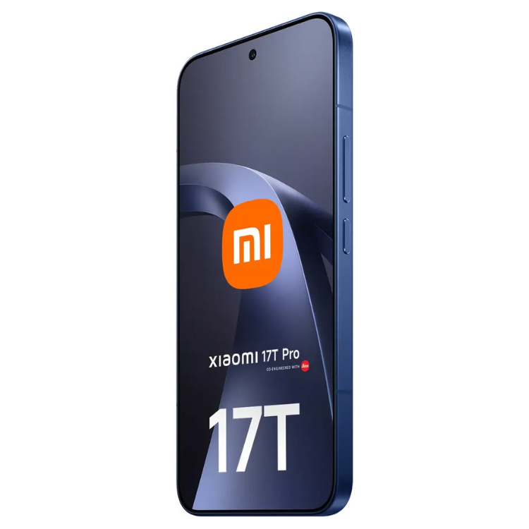 Smartphone Xiaomi 17T Pro 5G azul com ecrã ligado a mostrar logótipo Mi e detalhes do produto.