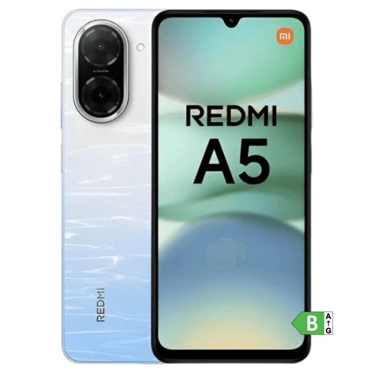 Smartphone Xiaomi Redmi A5 azul, com câmara dupla e ecrã colorido.