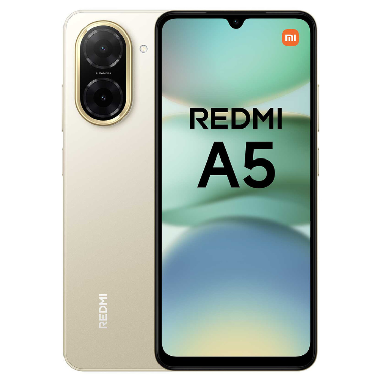 Smartphone Xiaomi Redmi A5 dourado com 4GB de RAM e 128GB de armazenamento.