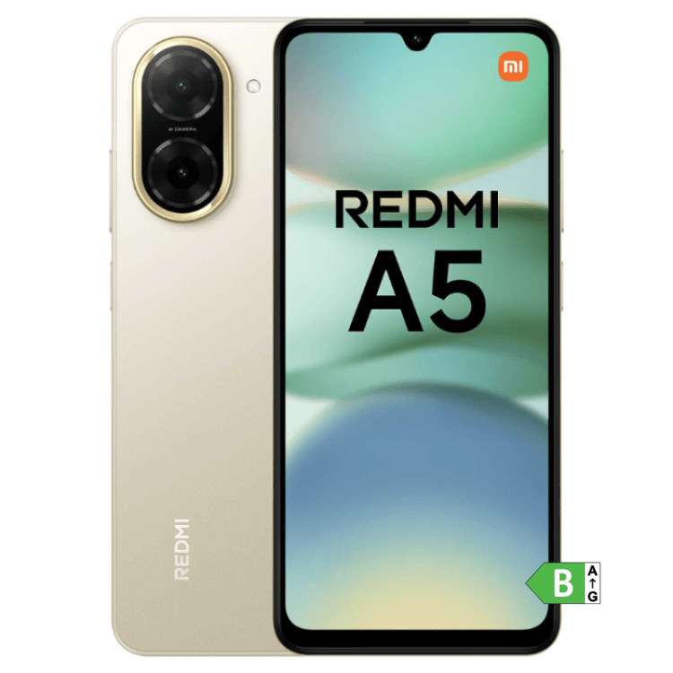 Smartphone Xiaomi Redmi A5 dourado com ecrã colorido e câmaras duplas.