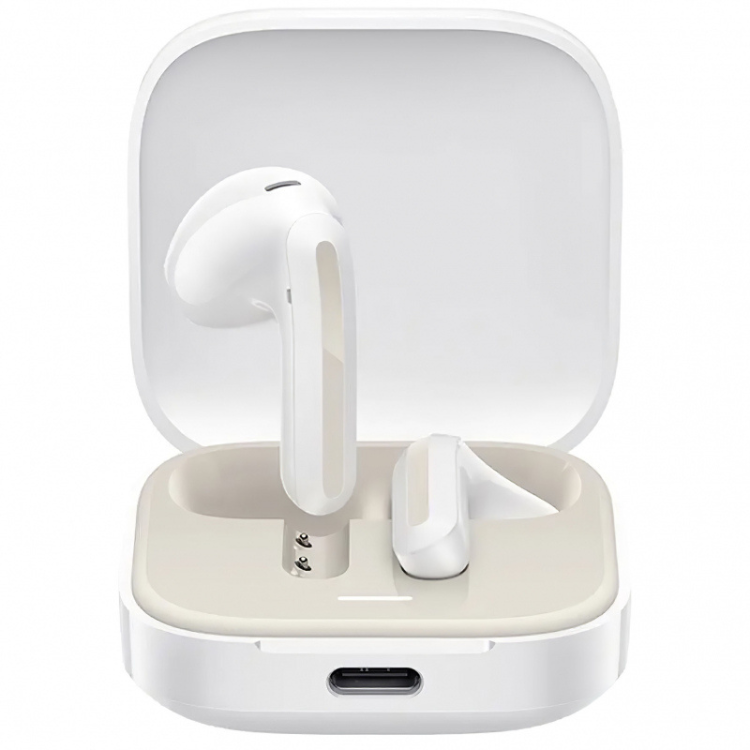 Auriculares Bluetooth Xiaomi Redmi Buds 6 Active, brancos, sem fios, dentro de estojo de carregamento branco aberto.