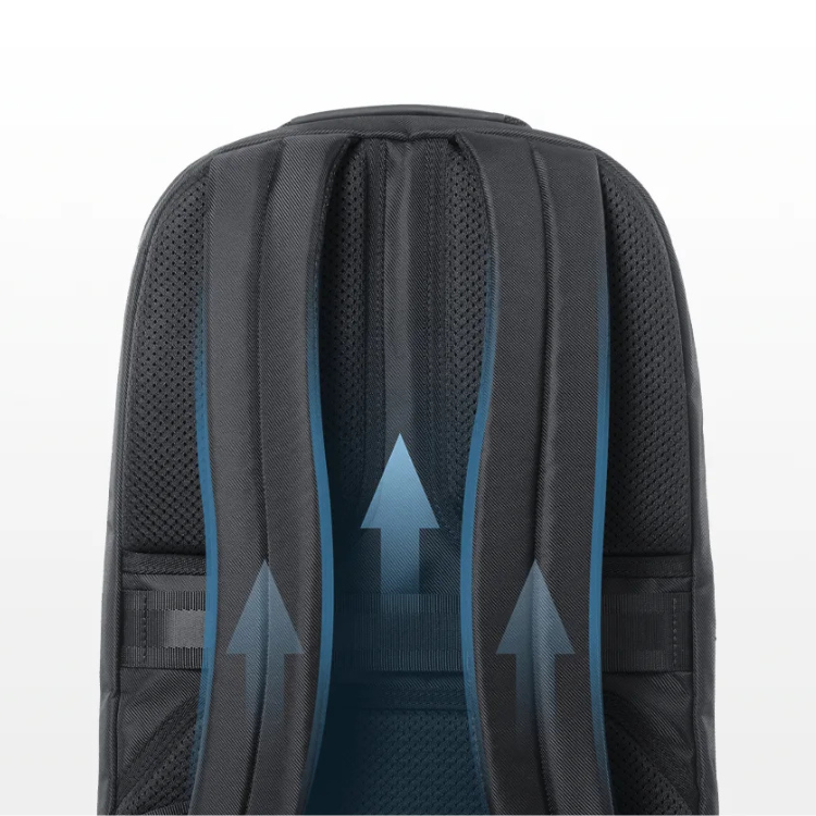 Mochila Xiaomi Business Backpack 15,6" preta, vista traseira com detalhes de ventilação.