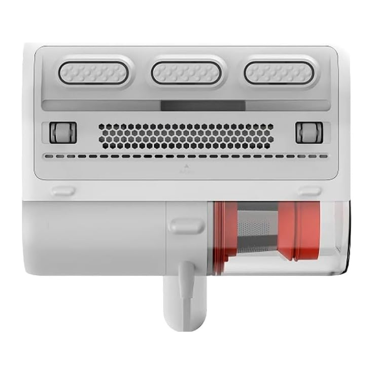 Aspirador de ácaros Xiaomi Dust Mite 2, branco, com detalhes em vermelho na parte inferior e três botões no topo.