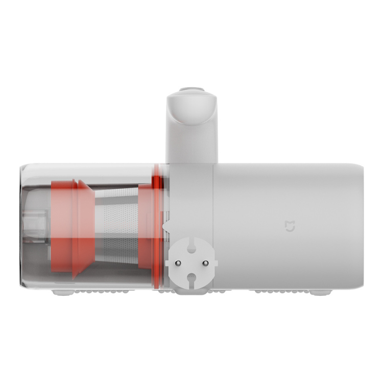 Aspirador de Ácaros Xiaomi Dust Mite 2, branco, com estrutura interna transparente e detalhes em vermelho.