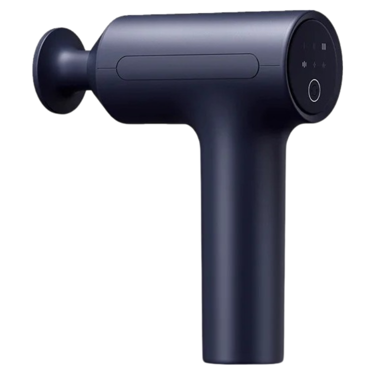 Xiaomi Massage Gun 2, black massage gun with control panel and round attachment head.