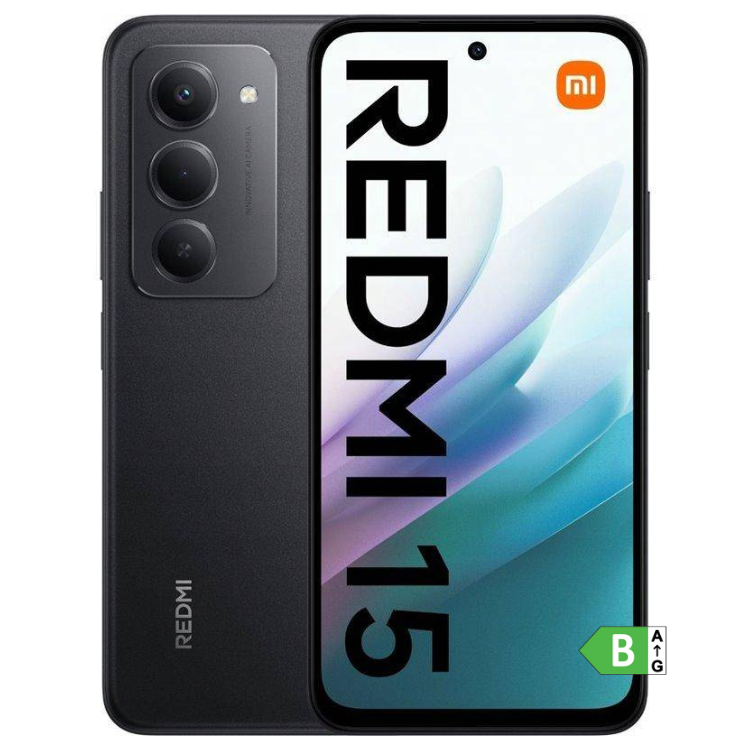 Smartphone Xiaomi Redmi 15 preto, 6GB/128GB, câmara tripla, ecrã colorido.