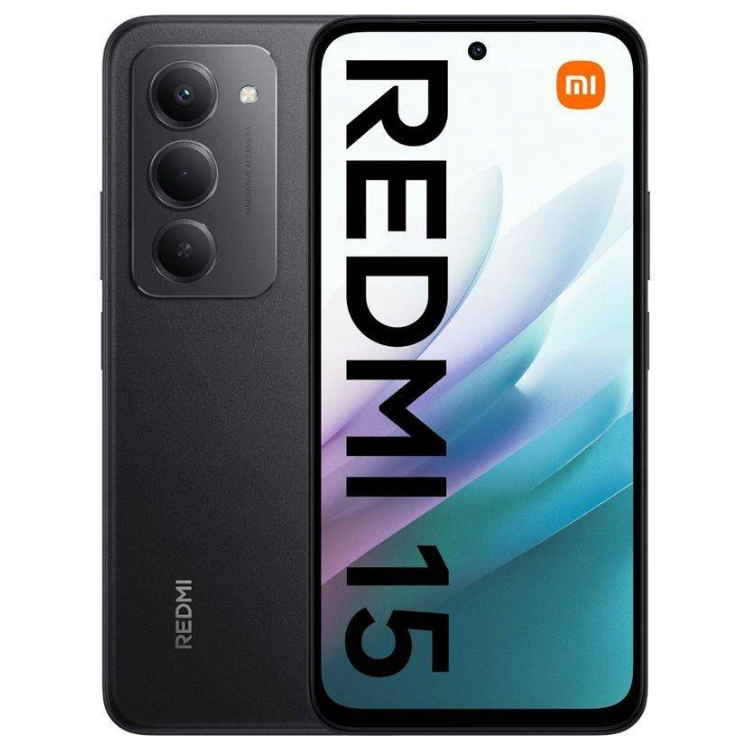 Smartphone Xiaomi Redmi 15 preto, 6GB/128GB, câmara tripla, ecrã colorido.