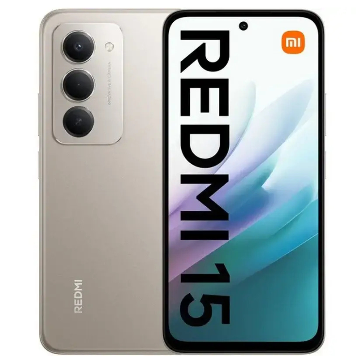 Smartphone Xiaomi Redmi 15, cor cinzento titânio, com três câmaras na parte traseira e ecrã colorido.