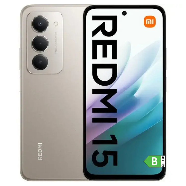 Smartphone Xiaomi Redmi 15, cor cinzento titânio, com três câmaras e ecrã colorido.