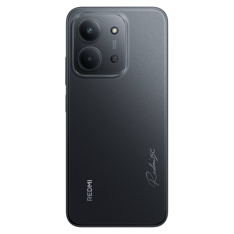 Smartphone Xiaomi Redmi 15C preto, 4GB/256GB, câmara dupla e logótipo Redmi na parte traseira.
