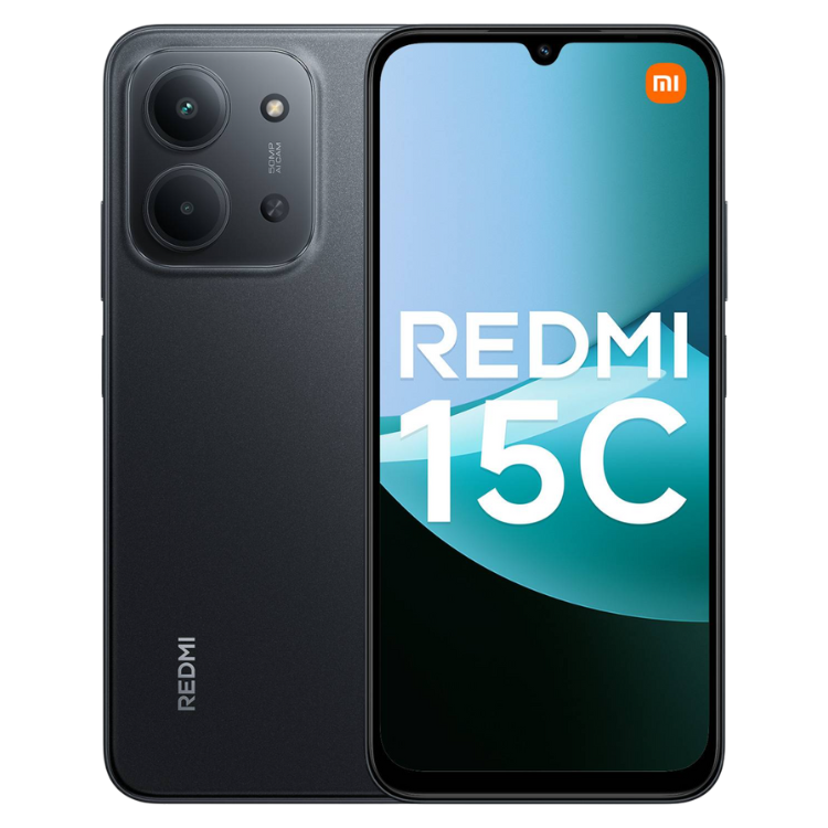 Xiaomi Redmi 15C preto, smartphone com ecrã HD+ de 6.79 polegadas, processador MediaTek Helio G85, 4GB RAM, 128GB armazenamento.