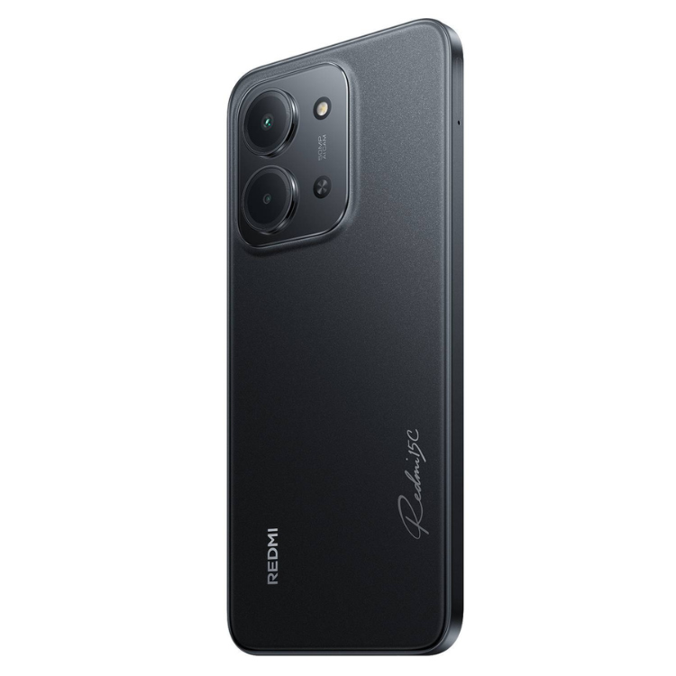 Smartphone Xiaomi Redmi 15C preto, 4GB/256GB, câmara tripla, logótipo Redmi e modelo na parte traseira.