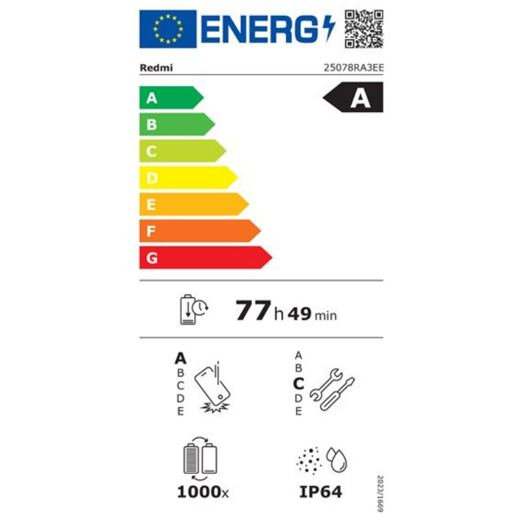 Etiqueta energética do smartphone Redmi, eficiência energética classe A, duração da bateria 77 horas e 49 minutos.