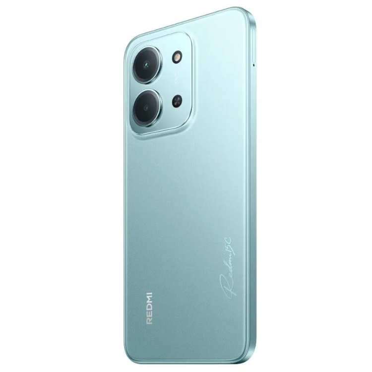 Smartphone Xiaomi Redmi 15C, cor verde, câmaras triplas na parte de trás.