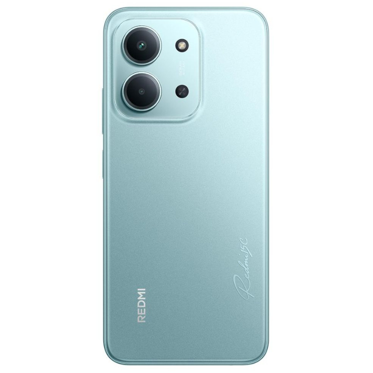 Smartphone Xiaomi Redmi 15C, cor verde, câmara tripla, logótipo Redmi e nome do modelo na parte de trás.