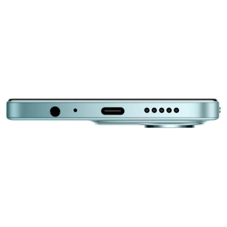 Smartphone Xiaomi Redmi 15C, lado verde claro com várias aberturas e entrada USB.