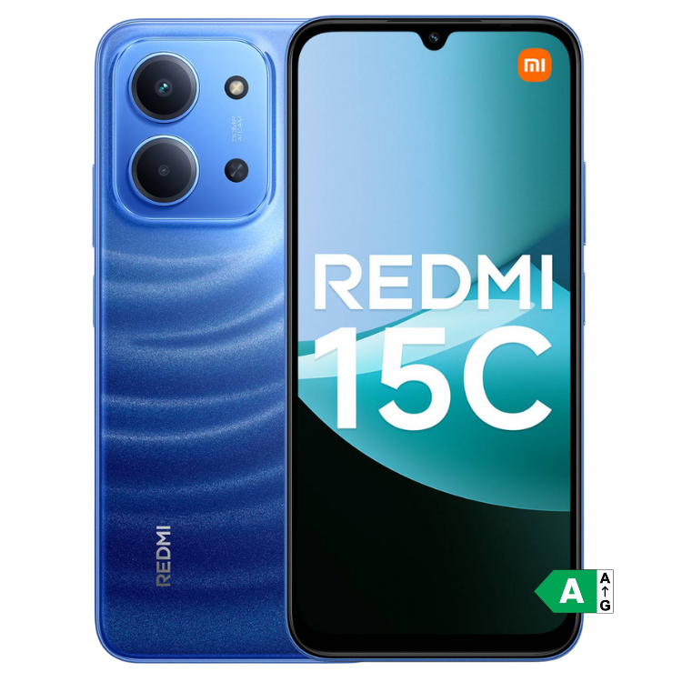 Smartphone Xiaomi Redmi 15C, azul, 4GB/128GB, câmara dupla, ecrã ligado.
