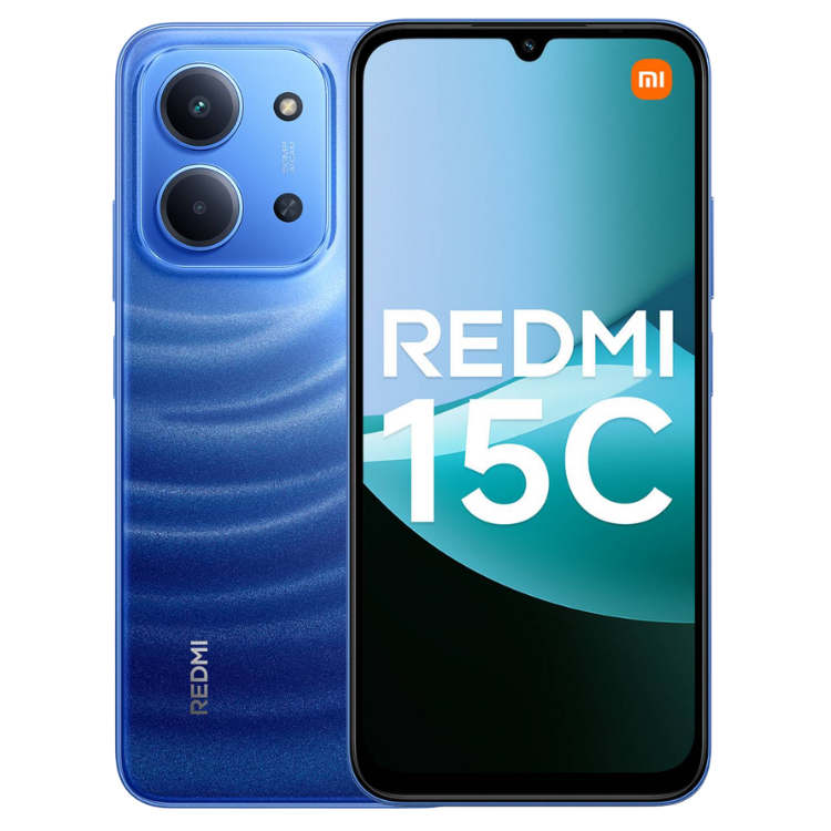 Smartphone Xiaomi Redmi 15C, azul, 4GB/128GB, Dual Sim, com câmeras triplas na parte traseira.