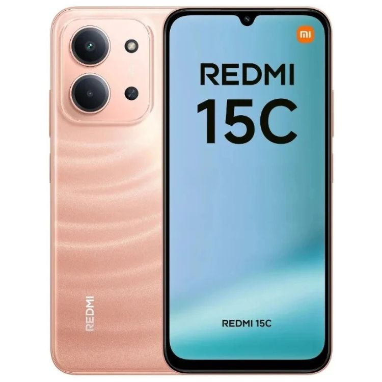 Smartphone Xiaomi Redmi 15C cor laranja, 4GB/128GB, Dual Sim, com três câmaras traseiras.
